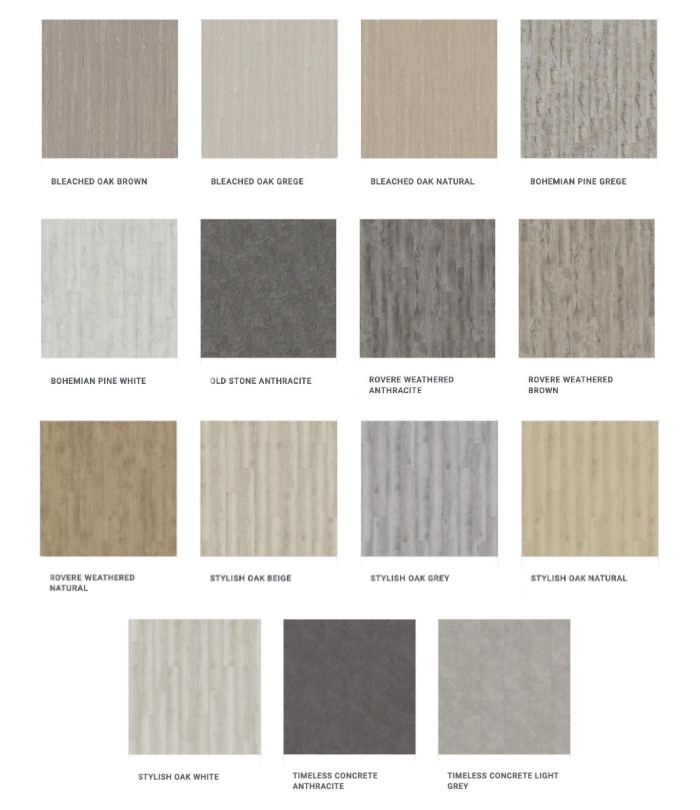 Variet di 15 finiture offerta da Giwa per la pavimentazione vinilica LVT